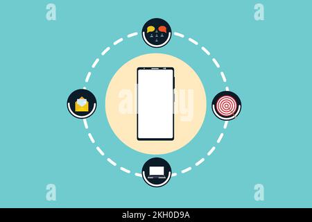 Social-Media-Marketing mit einem Smartphone-Vektor. Smartphone-Einrichtungen mit E-Mail, sozialen Netzwerken, Messaging-System usw. Digitales Marketingsystem Stock Vektor