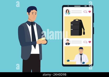Mann, der ein Smartphone benutzt und in einem Social-Media-Konzeptvektor scrollt. Mann flaches Charakterdesign mit einem Mobiltelefon und sozialen Medien. Soziale Medien nutzen Stock Vektor