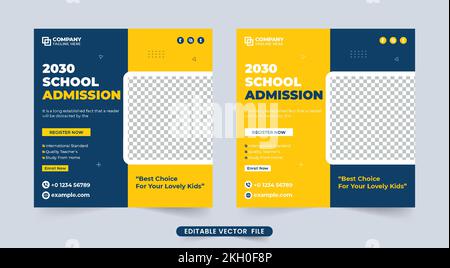 Studienzweck und Aufnahme in sozialen Medien mit lila und gelben Farben. Werbebanner und Vorlage für soziale Medien für die „Back-to-School“-Werbung. Stock Vektor