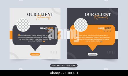 Vorlage für Kundenfeedback mit gelber und dunkler Farbe. Kundenreferenzen und Angebotslayout mit Fotoplatzhalter. Custo Stock Vektor