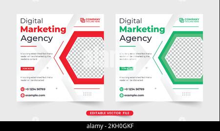 Vektor für Werbevorlagen für Digital Marketing Agency und Business Advisor. Bearbeitbares Post-Design in sozialen Medien für Unternehmen mit grünen und r Stock Vektor