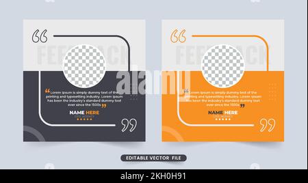 Vorlage für Kundenfeedback-Erfahrungsberichte mit Sternebewertungen. Vorlage für Kundenreferenzen in dunkelgrau und gelb. Kundenkontakt Stock Vektor