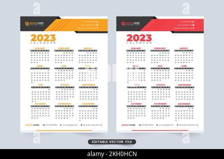 2023 Kalendervorlage in Gelb und Rot. Minimalistisches Design mit digitalen Formen im jährlichen Geschäftskalender. Bearbeitbarer Tischorganisator Stock Vektor