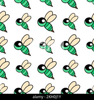 Ein nahtloses Muster grüner Bienen mit gelben Flügeln auf weißem Hintergrund Stock Vektor