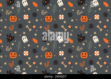 Wunderschönes Halloween-Elementmuster auf dunklem Hintergrund. Endloses Halloween-Muster für Bucheinzüge, Hintergründe und Geschenkpapiere. H Stock Vektor