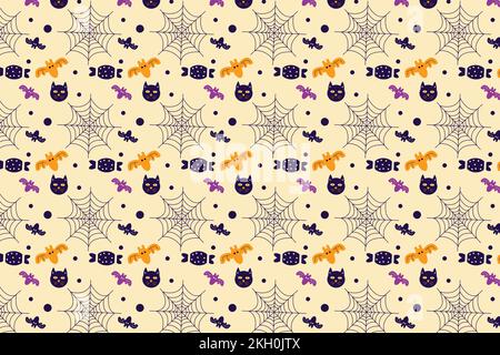 Nahtloser Mustertexturvektor für Halloween-Ereignisse. Halloween-Dekorationsmuster mit Spinnennetzen und gruseligen Elementen. Halloween-Muster für Stock Vektor