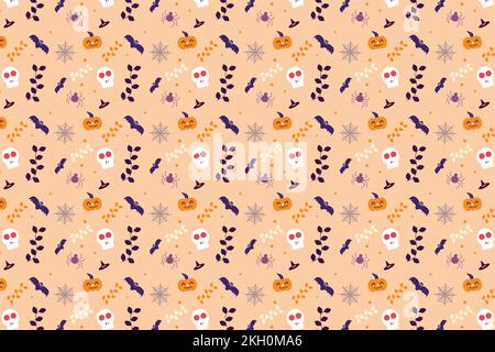 Abstraktes Halloween-Muster mit toten Blättern und Schädeln. Minimaler Halloween-Mustervektor auf weißem Hintergrund. Nahtloser Halloween-Pat Stock Vektor