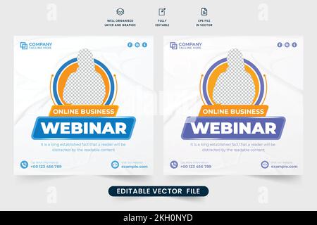 Live-Webinar zu digitalen Geschäftsabläufen in sozialen Medien, Postvektor mit blauen und violetten Farben. Webbannerdesign für digitales Marketing für Unternehmen. Webina Stock Vektor