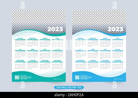 2023 Wochenend-Organisator und Kalender-Design mit abstrakten Formen. Jährliches Kalenderdesign mit blauer Farbschattierung. Neujahrskalender 2023. Büro und Busi Stock Vektor