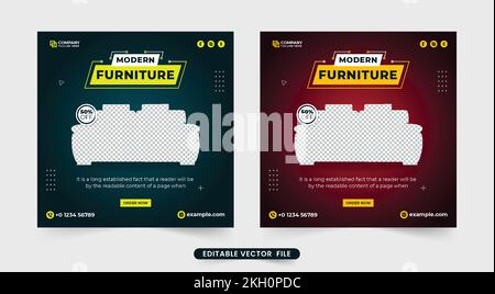 Möbelverkauf in sozialen Medien für Unternehmen. Moderne Werbevorlage für Möbelgeschäfte mit dunkelblauem und rotem Hintergrund. Möbelwerbung A Stock Vektor