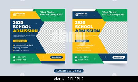 Moderne Schulaufnahme in sozialen Medien Postvektor mit abstrakten Formen. Vorlage für akademische Zulassung und Beförderung von Universitätsstudien mit Gelb und gree Stock Vektor