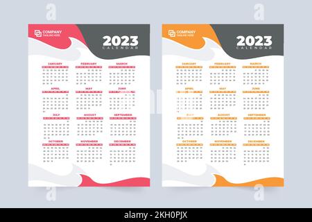 2023 Kalendervorlage für das neue Jahr mit abstrakten Formen. Büroartikel und Kalender für Neujahr in Rot und Gelb. 2023 Stock Vektor