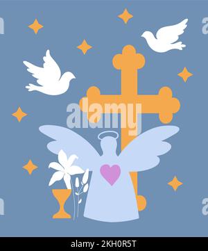 Christliche Symbolzusammensetzung. Kreuz, Taube, Regenbogen, Lilienblume und Sterne auf blauem Hintergrund. Stock Vektor