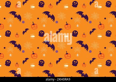 Gruselige Dekoration mit Halloween-Elementen auf orangefarbenem Hintergrund. Halloween endloser Mustervektor mit Fledermäusen, gruseligen Kürbissen und Spinnen. Halloween Stock Vektor