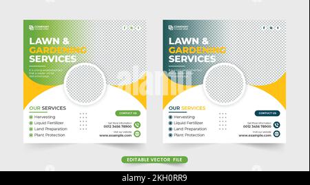 Rasen- und Gartendienst, Postvektor in sozialen Medien. Anzeigenvorlage für landwirtschaftliche Dienstleistungen in Gelb und Grün. Rasenmäher Business promotio Stock Vektor