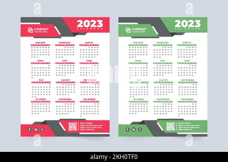 Modernes Kalender-Design mit grünen und roten Farben für 2023. Jährliche Dekoration im Geschäftskalender mit kreativen Formen. Die Woche beginnt auf Sunda Stock Vektor