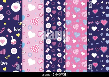 Wunderschöne Liebesmustersammlung für Hintergründe, Buchhüllen und Tapeten. Minimales abstraktes Liebesmuster auf dunklem und pinkfarbenem Hintergrund Stock Vektor