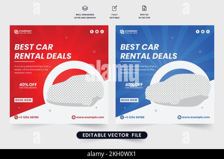 Werbeaktion für Autovermietungen in sozialen Medien – Design mit blauen und roten Farben. Werbevorlage für Automobilunternehmen mit kreativen Formen. Autovermietung Stock Vektor