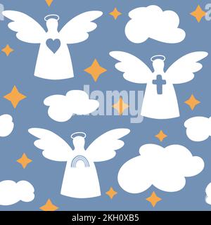 Silhouetten der weißen Engel am blauen Himmel. Christliches Symbol nahtloses Muster. Stock Vektor