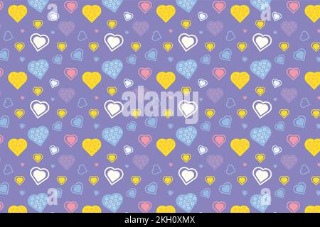 Abstrakter Liebesmustervektor auf violettem Hintergrund. Valentinstag Liebesmuster Dekoration mit verschiedenen Herzformen. Nahtloses Liebesmuster-Element Stock Vektor