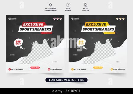 Vorlage für Sportschuhe und Sneaker in Gelb und Rot. Exklusive Sneaker verkaufen Social Media Post Vector. Sportschuhverkäufer Stock Vektor