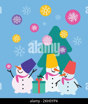Schneemänner, Schneeflocken und Weihnachtsbaum auf blauem Hintergrund. Illustration von Weihnachten und Neujahr. Stock Vektor