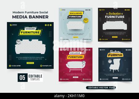 Moderne Möbel, Social Media Post-Sammlung mit dunklem Hintergrund. Webbanner-Paket mit Rabatt auf Möbelverkauf für Werbung. Möbelwerbung Stock Vektor