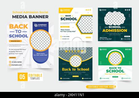 Bannervorlage für einfache Schulzulassung in dunklen und gelben Farben. Akademischer Kurs und Online-Anmeldungsposter-Paket mit abstrakter Form Stock Vektor