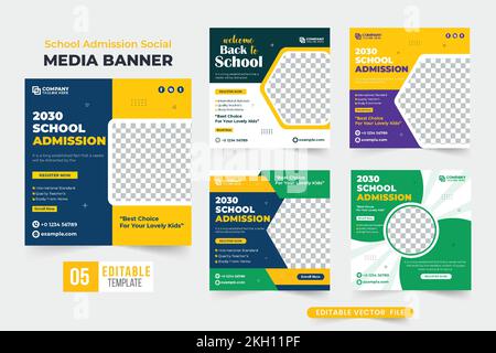 Kreative Beiträge in sozialen Medien und Webbannersammlungen in dunklen und gelben Farben. Vorlage für die Promotion zur Hochschulregistrierung mit Abstract s festgelegt Stock Vektor