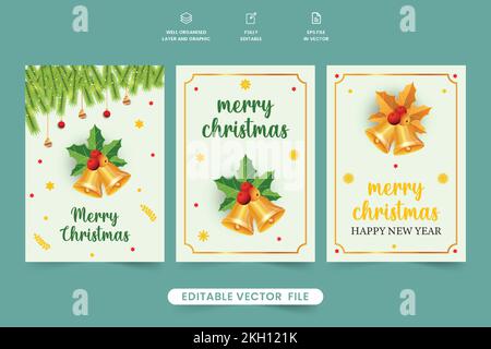 Bedruckbare Weihnachtsgrußkarte mit Klingelglocken und roten Beeren. Weihnachtsgeschenkgutscheinvorlage und Weihnachtswunschkarte mit weißem Hintergrund Stock Vektor