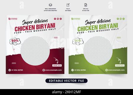 Social Media-Postvektor für Geschäftsförderung im Restaurant. Design der Geschäftsvorlage des Restaurants in Rot und Grün. Werbung für moderne Speisekarte Stock Vektor