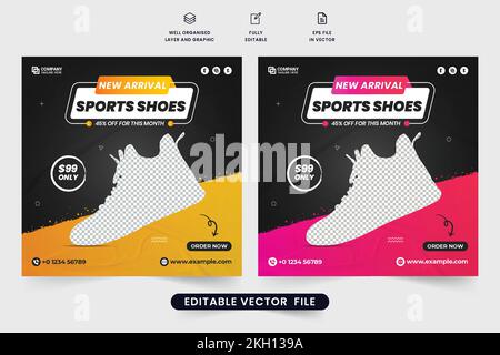 Vektor für Werbevorlagen für kreative Sportschuhe in Gelb und Pink. Werbevorlage für Sportschuhe mit Rabattangebot Sek Stock Vektor