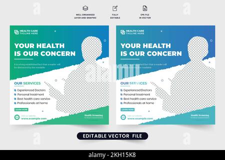 Spezielle medizinische Behandlung Social Media Postdesign für Marketing. Webbanner für die klinische Gesundheitsförderung in Grün und Blau. Krankenhaus Stock Vektor