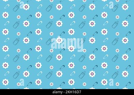 Wunderschönes Muster für Kinder mit Blumen, Babyfüttern und Symbolen für Sicherheitsnadeln. Nahtlose Musterdekoration für Kinderbekleidung, Buchhüllen und Wa Stock Vektor