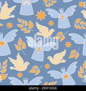 Taube und Engel nahtloses Muster auf blauem Hintergrund. Christliches Symbol nahtloses Muster. Stock Vektor