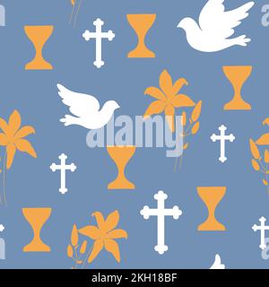 Silhouetten aus Tauben-, Kreuz- und Lilienblumen auf blauem Hintergrund. Christliches Symbol nahtloses Muster. Stock Vektor