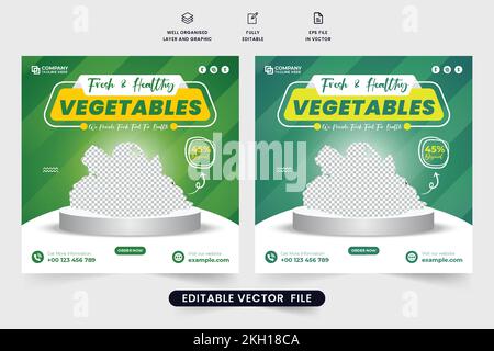 Gesundes Gemüse Vorlagendesign für Social Media Marketing. Webbanner zur Werbung für vegetarische Speisen mit Platzhaltern für Fotos. Frisches Gemüse A Stock Vektor