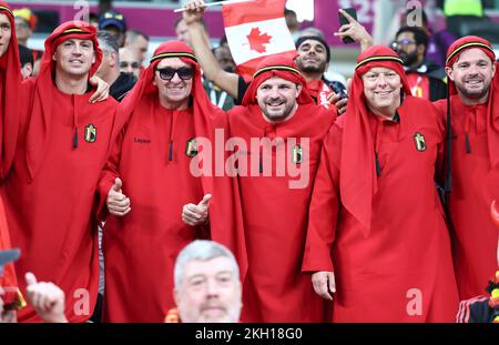 Al-Rayyan, Katar. 23.. November 2022. Fans Belgiens jubeln vor dem Spiel der Gruppe F zwischen Belgien und Kanada bei der FIFA-Weltmeisterschaft 2022 im Ahmad bin Ali Stadium in Al Rayyan, Katar, am 23. November 2022. Kredit: Lan Hongguang/Xinhua/Alamy Live News Stockfoto