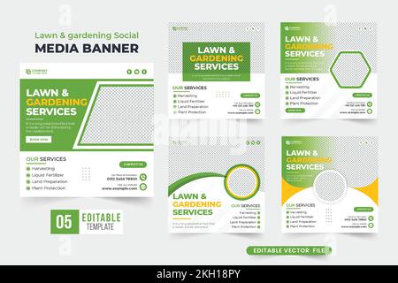 Rasen- und Gartenarbeit in sozialen Medien Post-Sammlung in Grün und Gelb. Entwurf von Creative Farming Service Template Bundle für Online-Marketing. Ag Stock Vektor