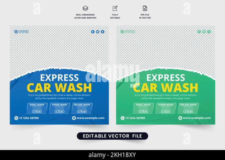 Autowaschanlagenvorlage – Postvektor in sozialen Medien in Grün und Blau. Werbebanner für Kfz-Wartungsservice. Fahrzeugreinigung b Stock Vektor