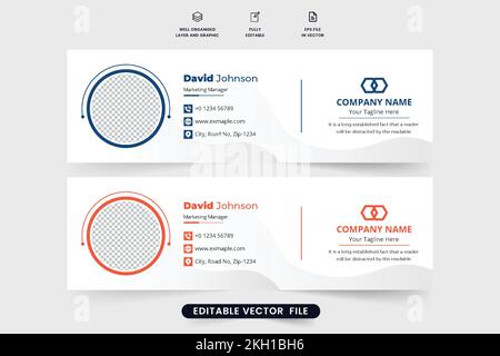 Moderne E-Mail-Signaturvorlage für Unternehmen. Minimalistisches Design mit E-Mail-Signatur in Blau und Orange. Digitale E-Mail-Signatur vec Stock Vektor