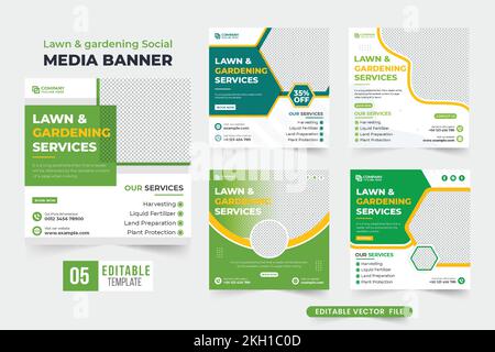Gartendienst, Post-Sammlung in sozialen Medien mit abstrakten Formen. Webbanner-Vorlagensatz für Rasenmähservice in Grün und Gelb. Agro fa Stock Vektor