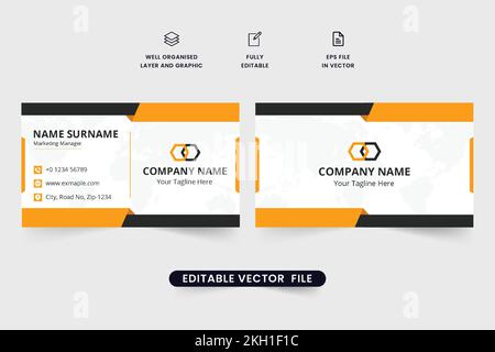 Design der Firmenlogo-Karte für Mitarbeiter. Moderne Visitenkartendekoration in Gelb und Schwarz. Vorlage für Unternehmensidentität und persönliche Daten Stock Vektor