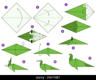Origami-Tutorial für Kinder. Origami, süßer Dinosaurier. Stock Vektor