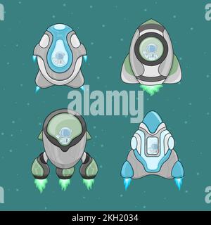 Ein bearbeitbarer Vektorsatz von Raketenflugzeugen mit Astronauten auf Sternenhintergrund Stock Vektor