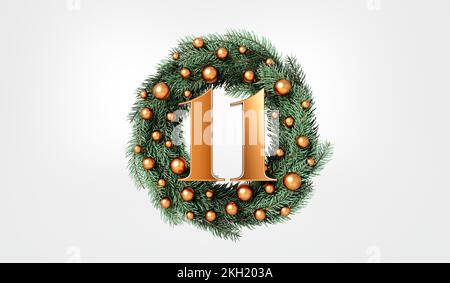 Die 12 Weihnachtstage. 11. Tage festlicher Kranz und Text. 3D-Rendering Stockfoto