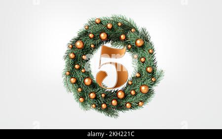 Die 12 Weihnachtstage. 5. Tage festlicher Kranz und Text. 3D-Rendering Stockfoto