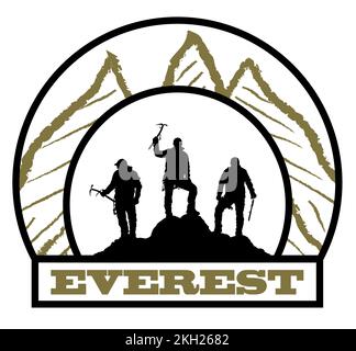 Drei Kletterer in Schwarz und Weiß mit Eisaxt in der Hand oben auf Mount und Text Everest, Logo zur Vektordarstellung Stock Vektor