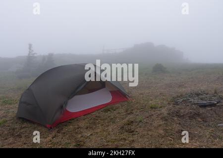 Grünes, leichtes, freistehendes Zelt für 2 Personen auf einem Hügel im Gras am Morgen nach dem Regensturm. Jesenik-Berge, Tschechische Republik Stockfoto