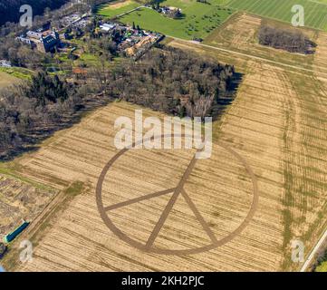 Ein großes PeaceSign liegt im Ruhrauen, nicht weit vom Schloss Hugenpoet, alle ankommenden und abfliegenden Passagiere am Düsseldorfer Flughafen sehen dieses Expre Stockfoto